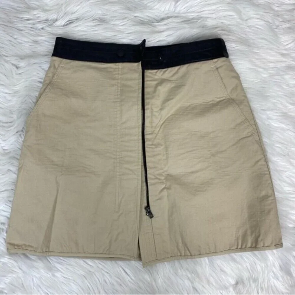 Rag‎ & Bone Tan Cotton Mini Skirt Black Leather Waistband Size 2 Made in USA